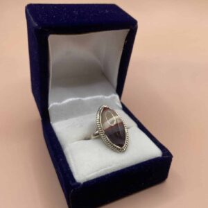 marquise cabochon mookaite ring with sterling silver purple red and cream